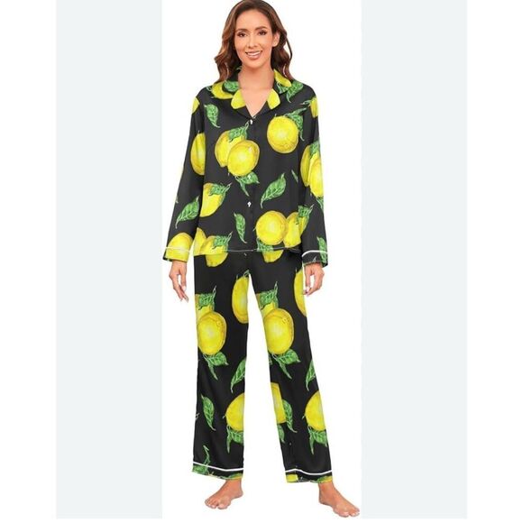 No Brand Other - Pj Sleepwear Top Pants Set Yellow Lemon Tropical Fruit Button Down Size S